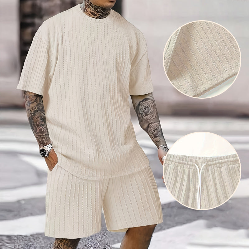 Conjunto de verano de 2 piezas para hombre - Camiseta de hombros caídos y pantalones cortos con cordón