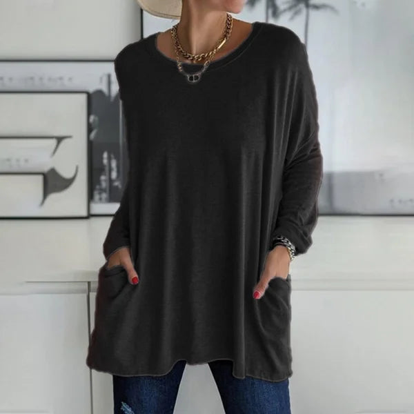 T-shirt da donna a maniche lunghe, girocollo, con tasche e vestibilità ampia