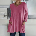 T-shirt da donna a maniche lunghe, girocollo, con tasche e vestibilità ampia