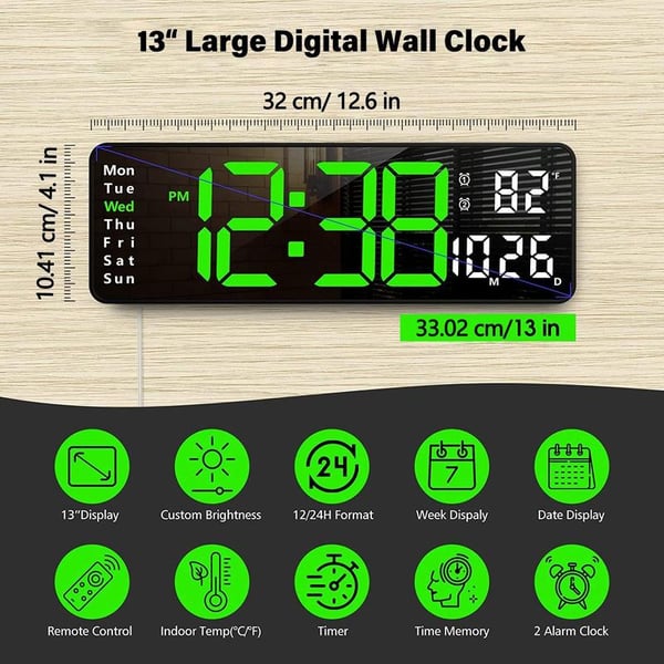 Large Digital Clock with Temperature, Date, Auto DST, Night Light, Auto Brightness Dimmer