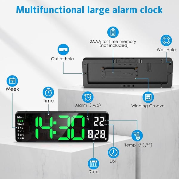 Large Digital Clock with Temperature, Date, Auto DST, Night Light, Auto Brightness Dimmer