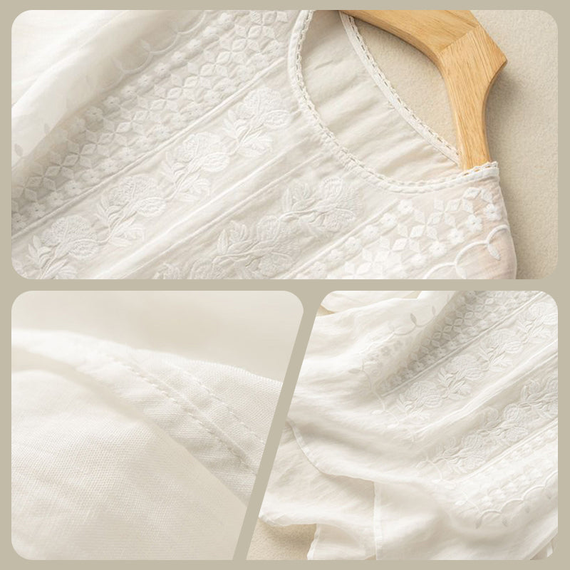 Women's Thin Embroidery Breathable Cotton Linen Short Sleeve Crew Neck Shirt