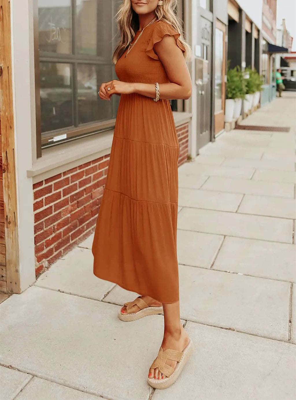 Vestido midi corto casual de verano con mangas acampanadas para mujer