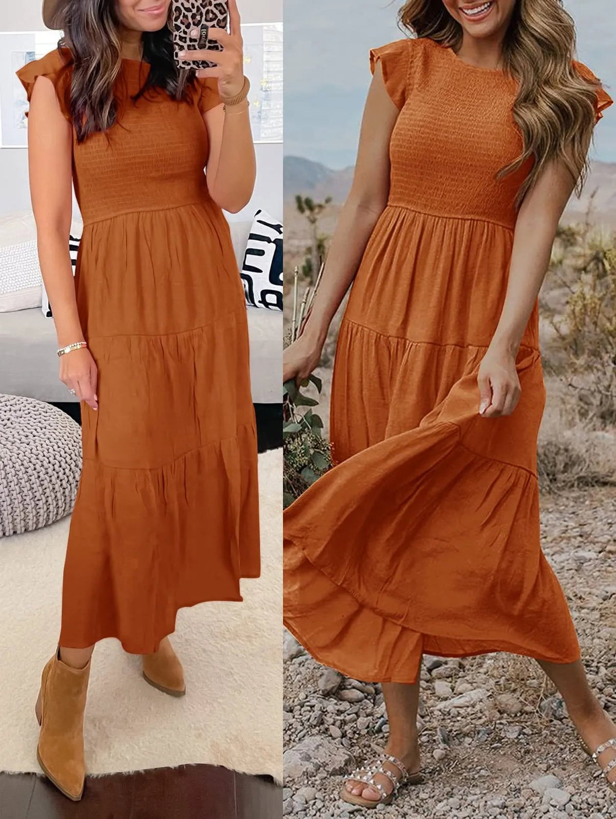 Vestido midi corto casual de verano con mangas acampanadas para mujer