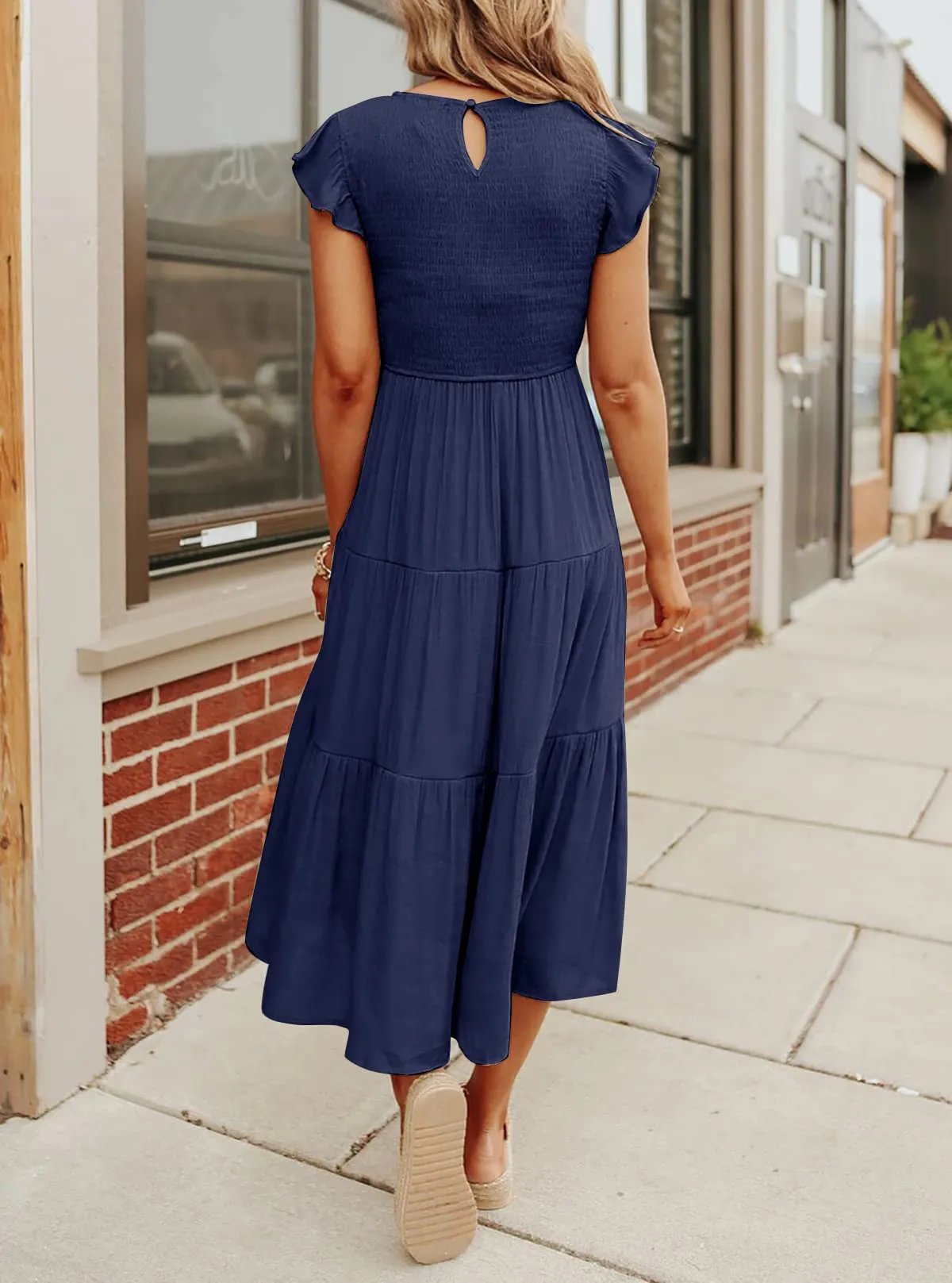 Vestido midi corto casual de verano con mangas acampanadas para mujer