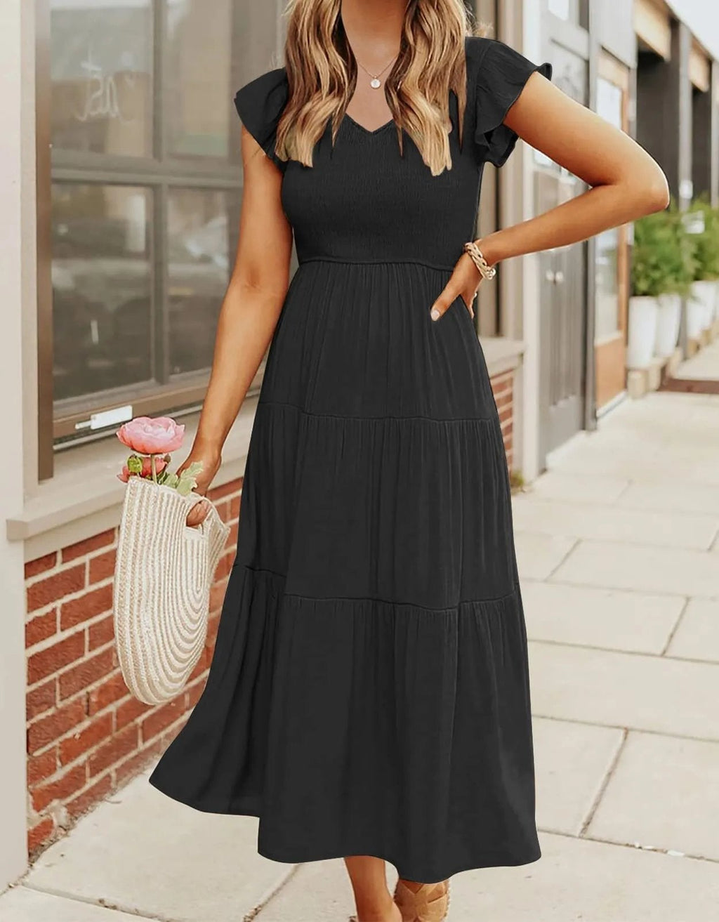 Vestido midi corto casual de verano con mangas acampanadas para mujer