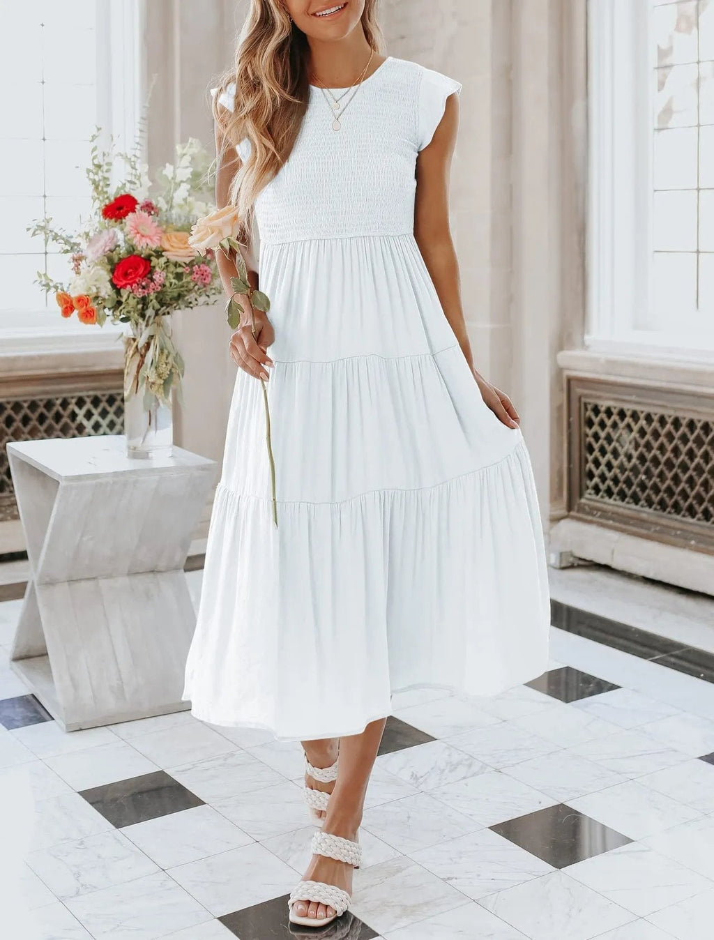 Vestido midi corto casual de verano con mangas acampanadas para mujer