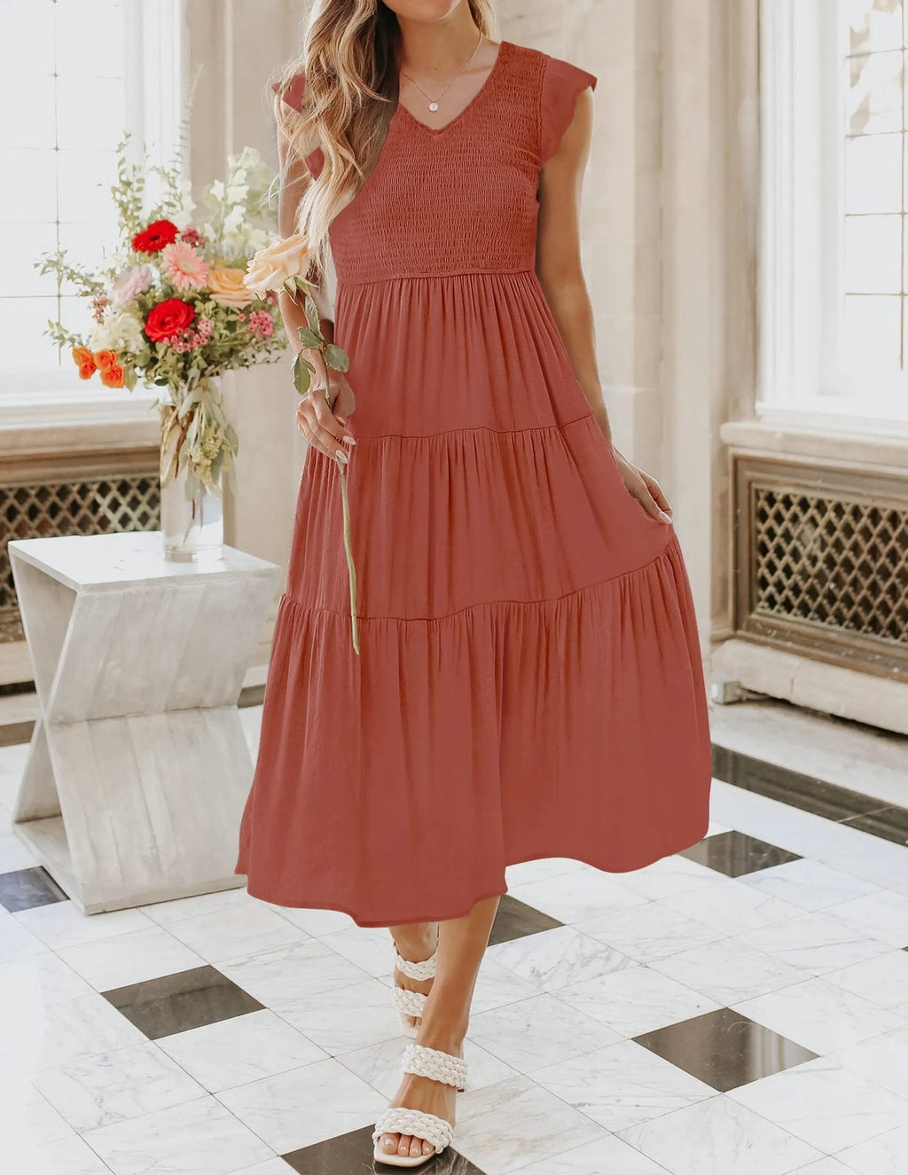 Vestido midi corto casual de verano con mangas acampanadas para mujer