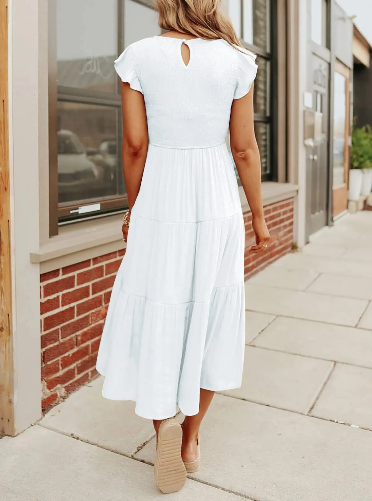 Vestido midi corto casual de verano con mangas acampanadas para mujer