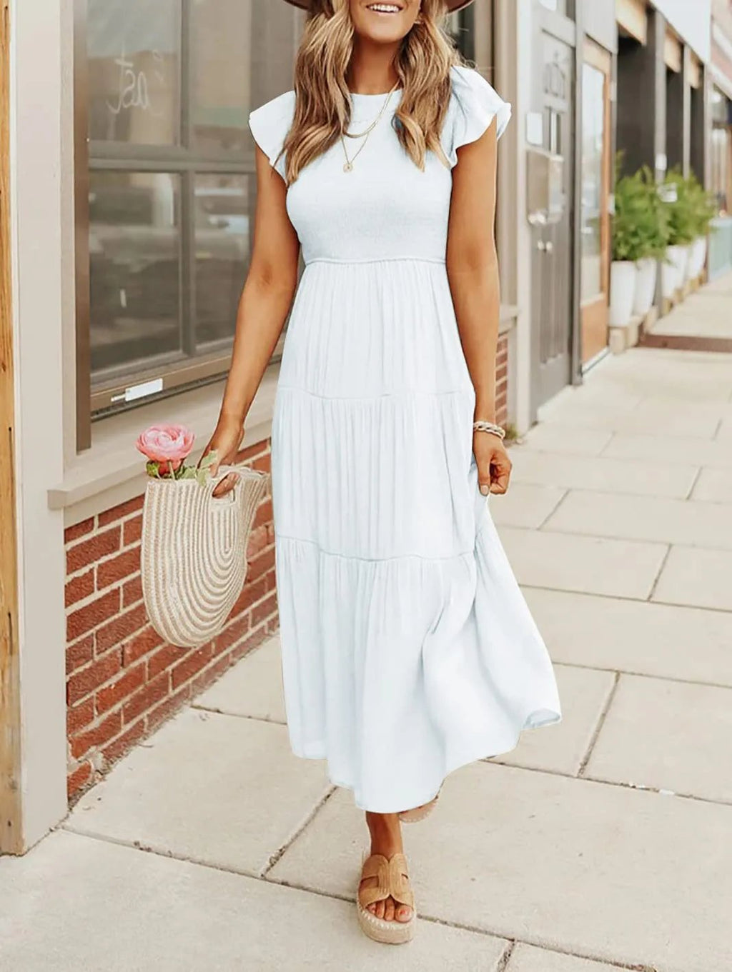 Vestido midi corto casual de verano con mangas acampanadas para mujer