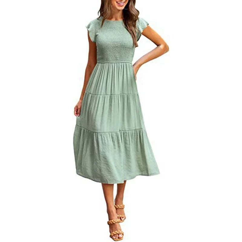 Vestido midi corto casual de verano con mangas acampanadas para mujer