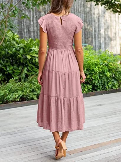 Vestido midi corto casual de verano con mangas acampanadas para mujer