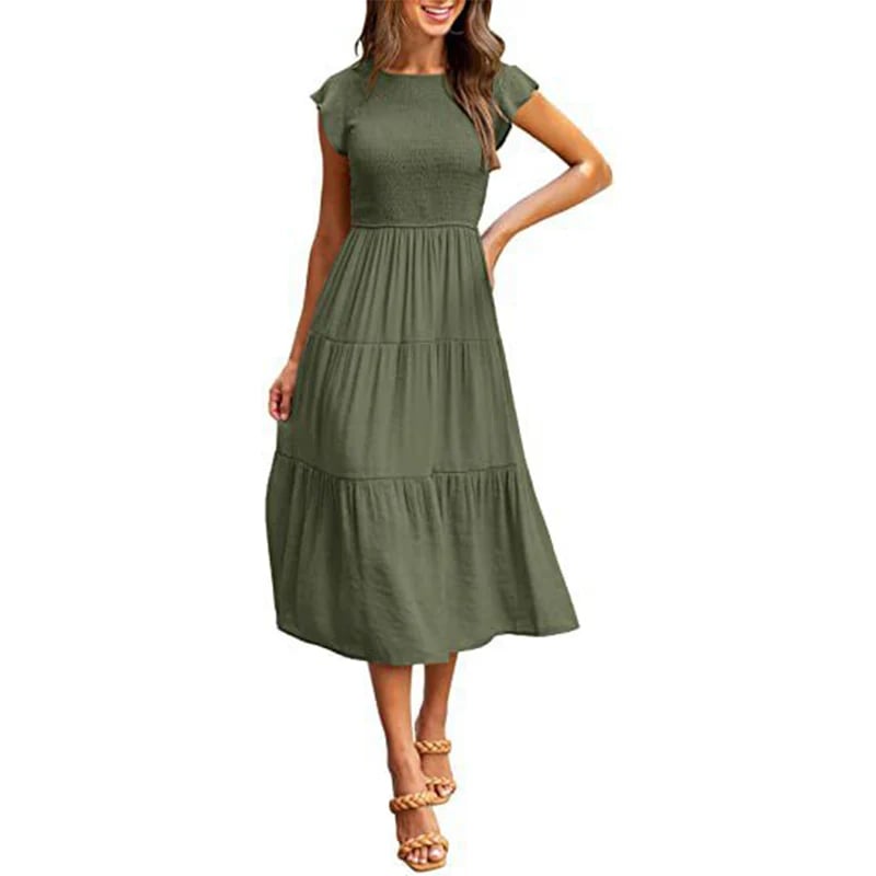 Vestido midi corto casual de verano con mangas acampanadas para mujer