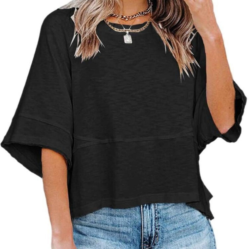 Women's Solid Color Splicing Loose Five Points Flare Sleeve T-Shirt