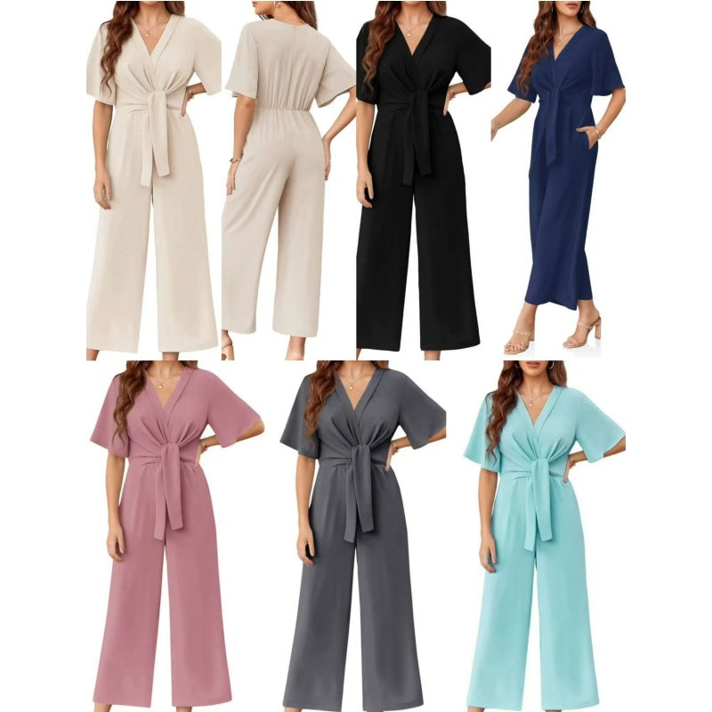Mono elegante de pierna ancha, cuello en V y lazo en la cintura para mujer