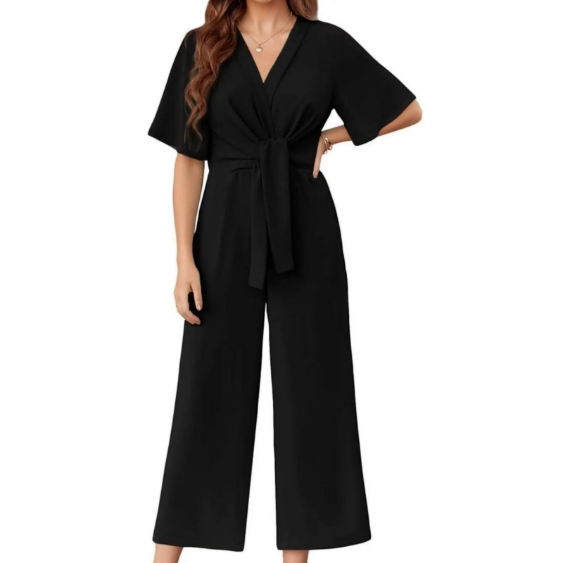 Mono elegante de pierna ancha, cuello en V y lazo en la cintura para mujer