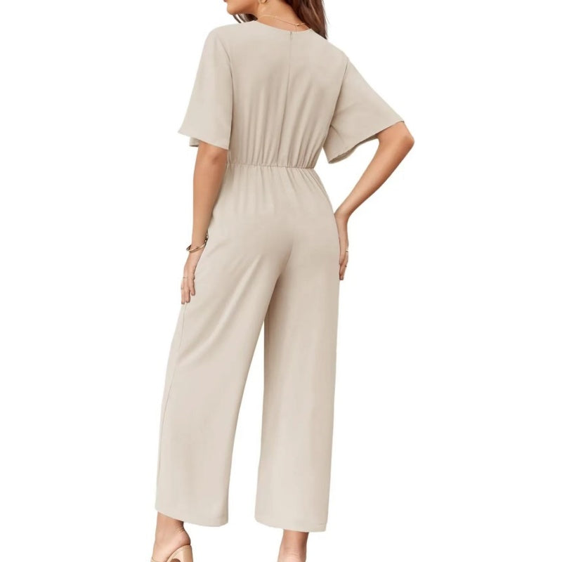 Mono elegante de pierna ancha, cuello en V y lazo en la cintura para mujer