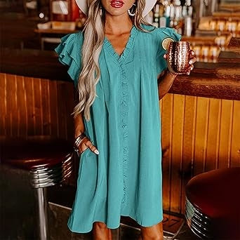 Summer Specials Women's Casual V-Neck Ruffle Pleated Dress