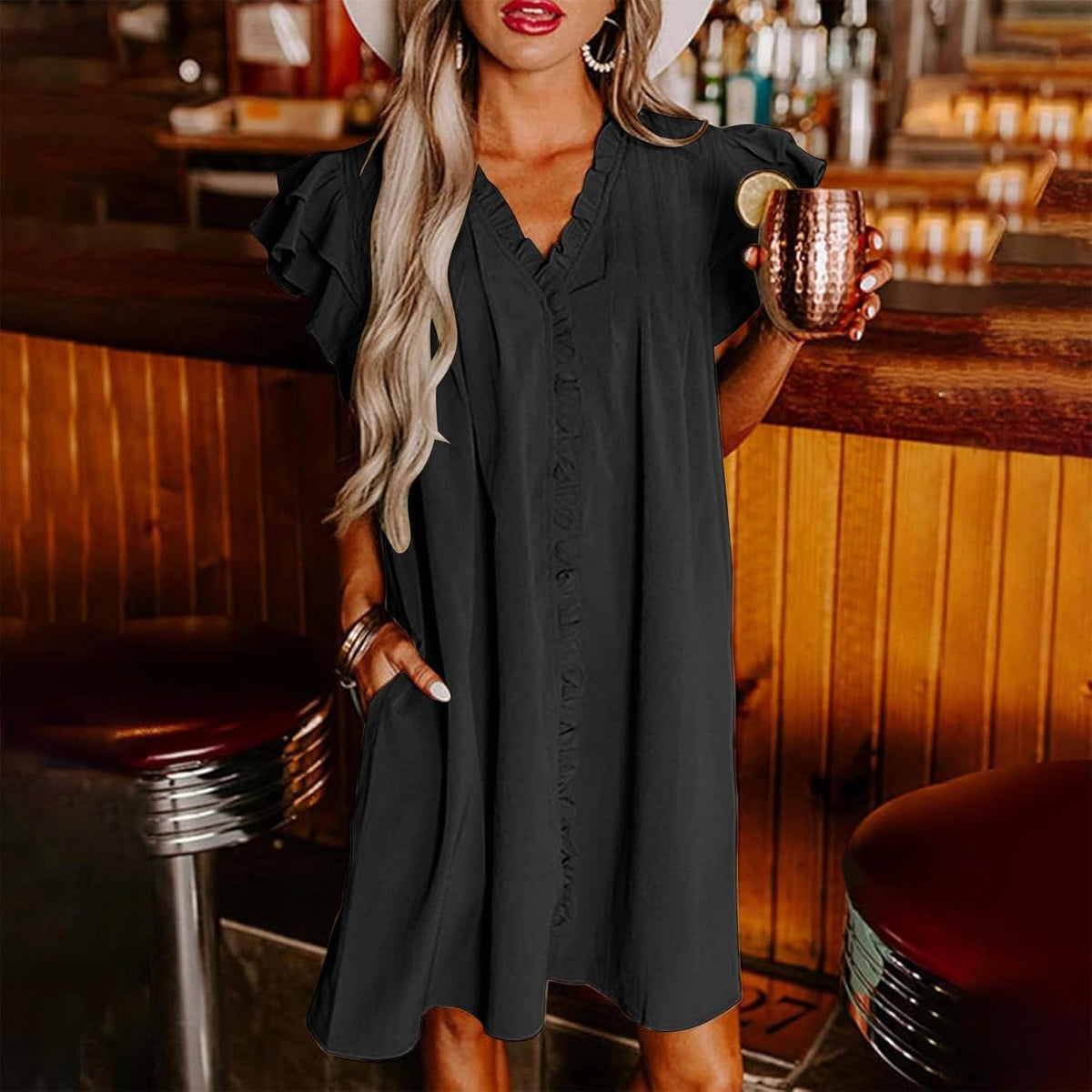 Summer Specials Women's Casual V-Neck Ruffle Pleated Dress