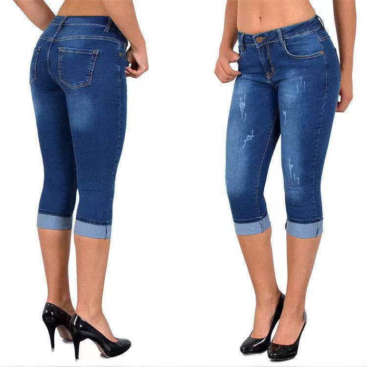 Caprijeans met scheuren en omgeslagen zoom