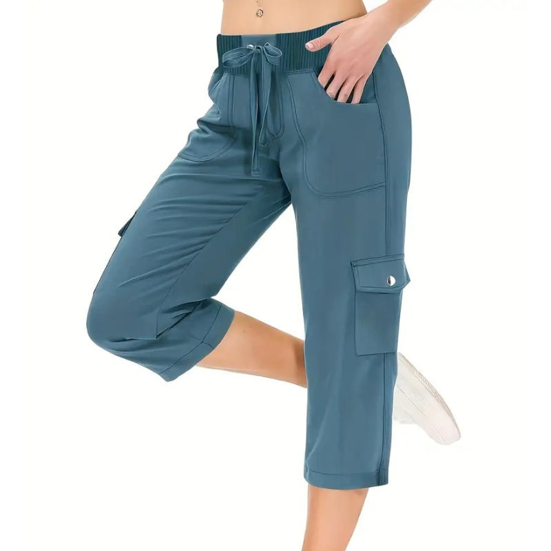 Pantalones cargo de color liso, cintura alta, con cordón y de 3/4 de largo para mujer