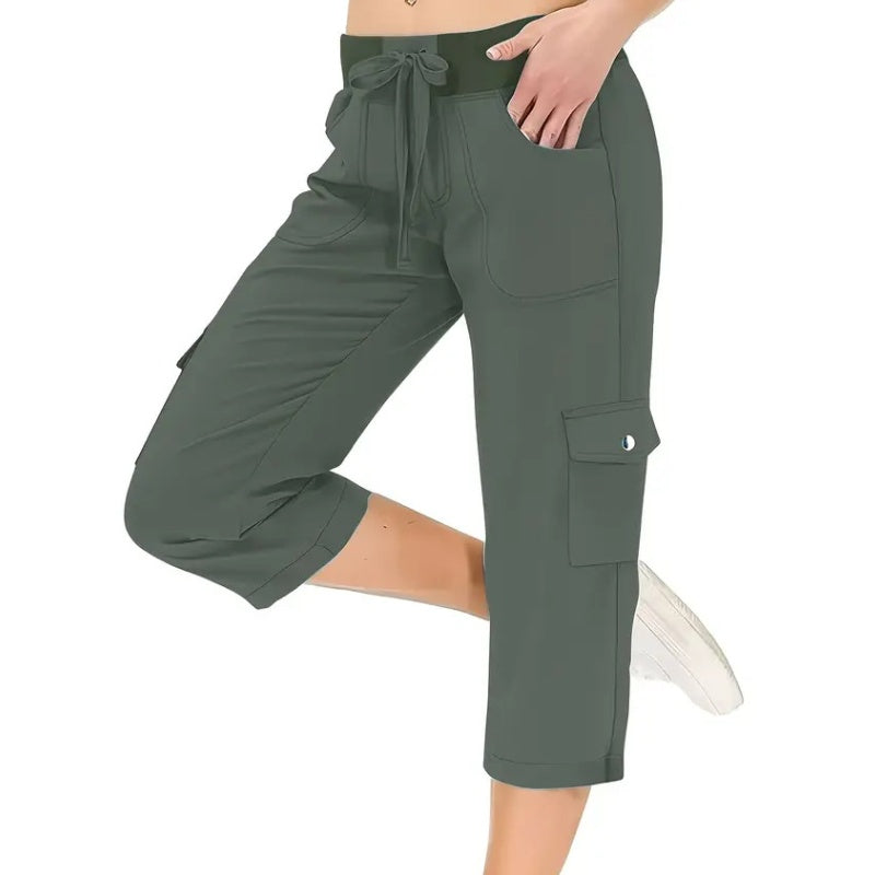 Pantalones cargo de color liso, cintura alta, con cordón y de 3/4 de largo para mujer