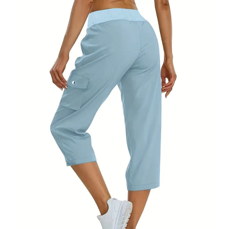 Pantalones cargo de color liso, cintura alta, con cordón y de 3/4 de largo para mujer