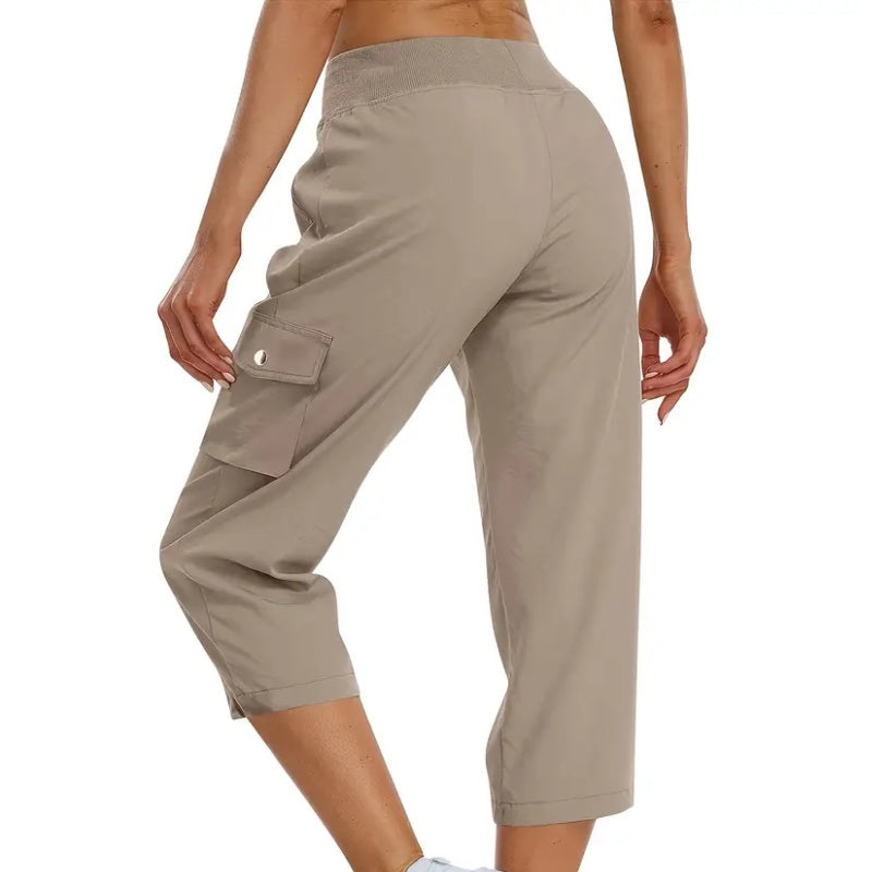 Pantalones cargo de color liso, cintura alta, con cordón y de 3/4 de largo para mujer