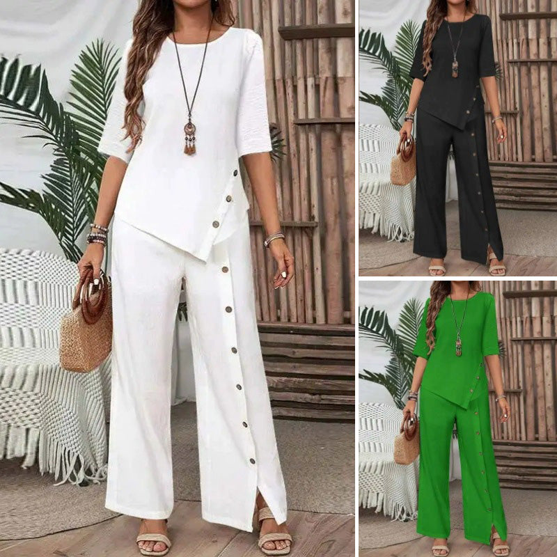 Dames 2-delige set met top met asymmetrische zoom en broek met wijde pijpen