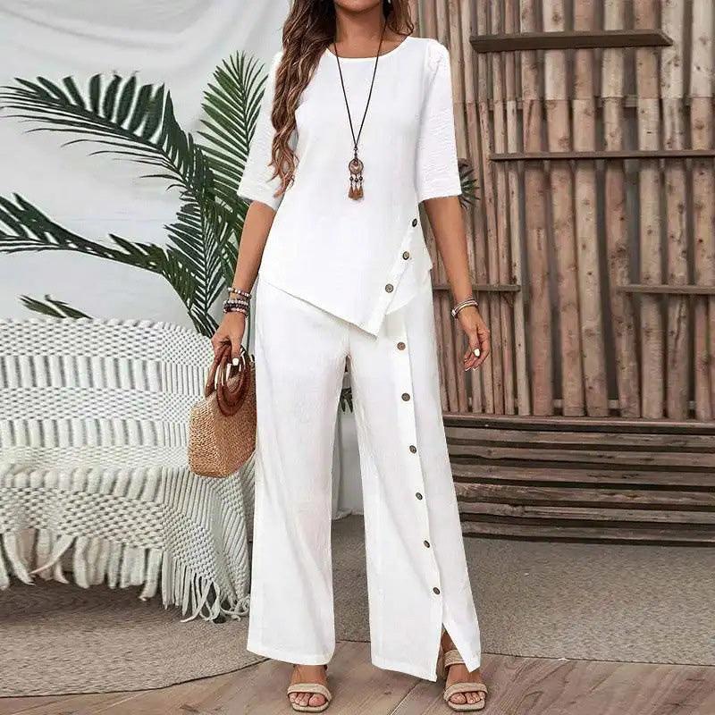 Dames 2-delige set met top met asymmetrische zoom en broek met wijde pijpen
