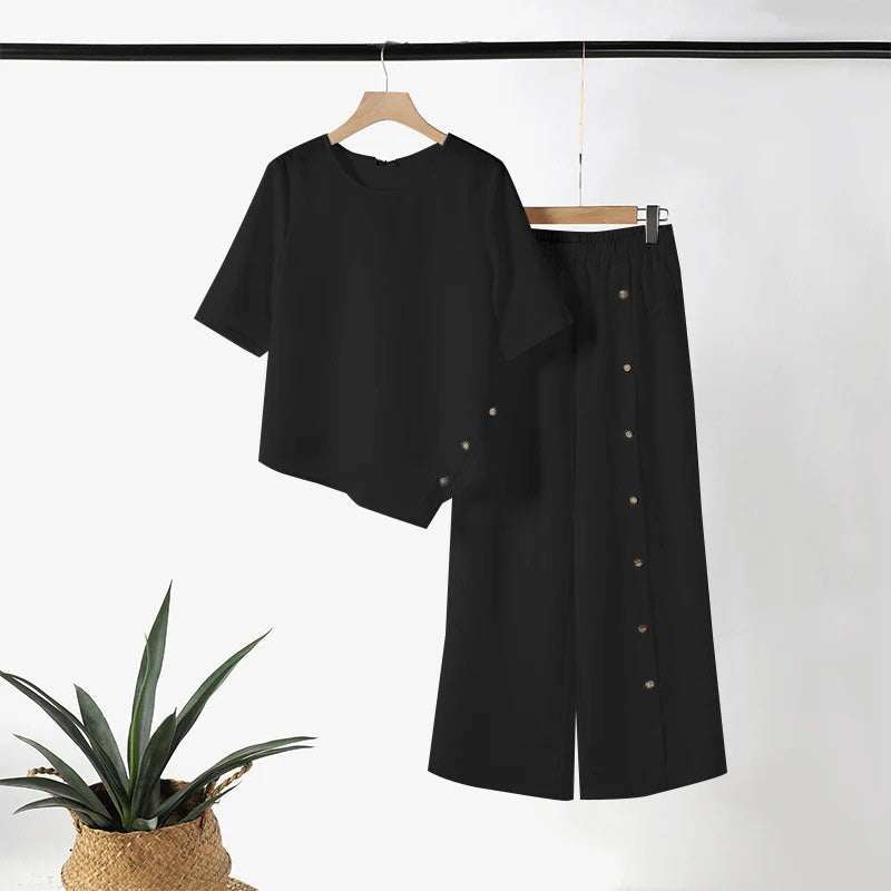 Dames 2-delige set met top met asymmetrische zoom en broek met wijde pijpen