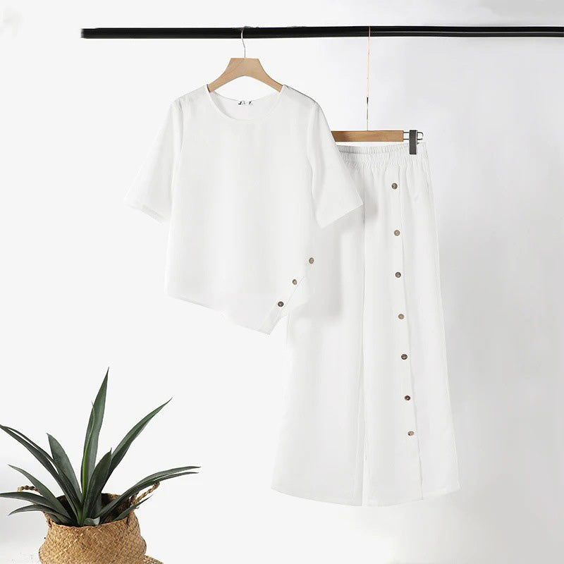 Dames 2-delige set met top met asymmetrische zoom en broek met wijde pijpen