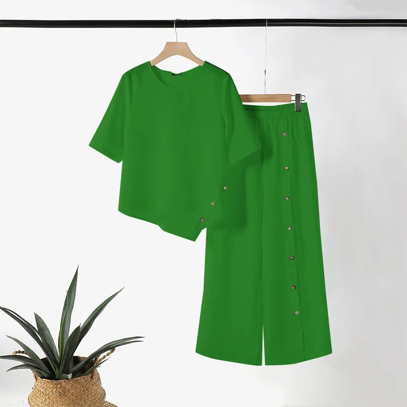Dames 2-delige set met top met asymmetrische zoom en broek met wijde pijpen