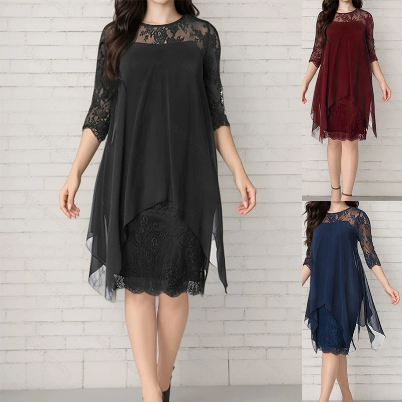 Robe élégante pour femme à ourlet asymétrique et superposition en dentelle