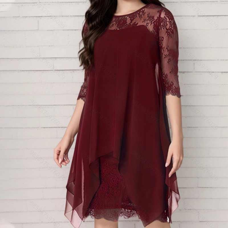 Robe élégante pour femme à ourlet asymétrique et superposition en dentelle