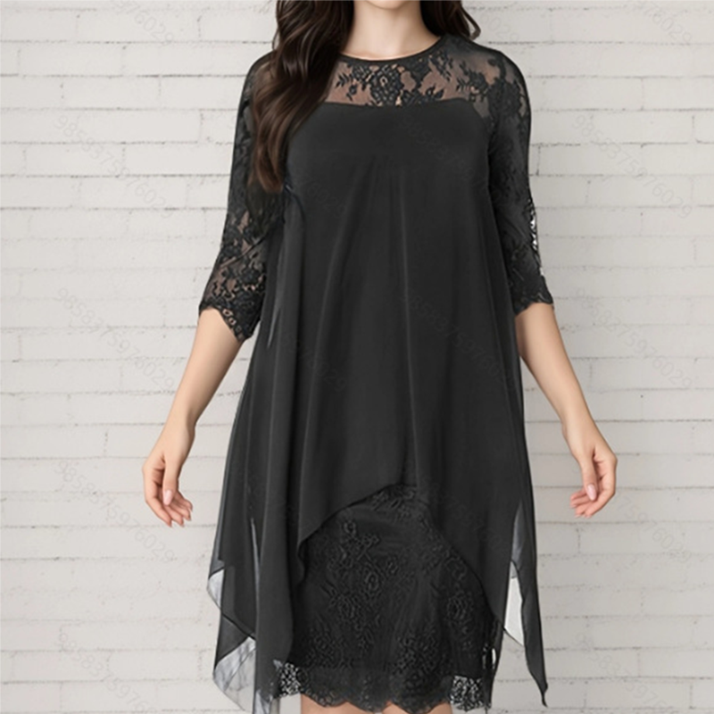 Robe élégante pour femme à ourlet asymétrique et superposition en dentelle
