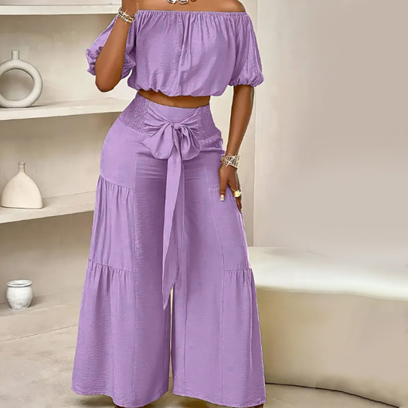 New ArrivalOff-Shoulder Puff Sleeve Top with Wide-Leg Pants 2-Pieces Set