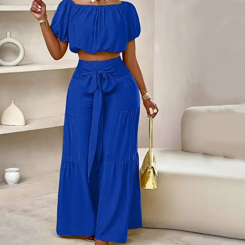 New ArrivalOff-Shoulder Puff Sleeve Top with Wide-Leg Pants 2-Pieces Set