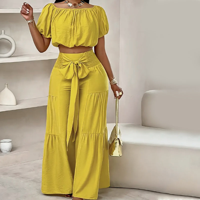 New ArrivalOff-Shoulder Puff Sleeve Top with Wide-Leg Pants 2-Pieces Set