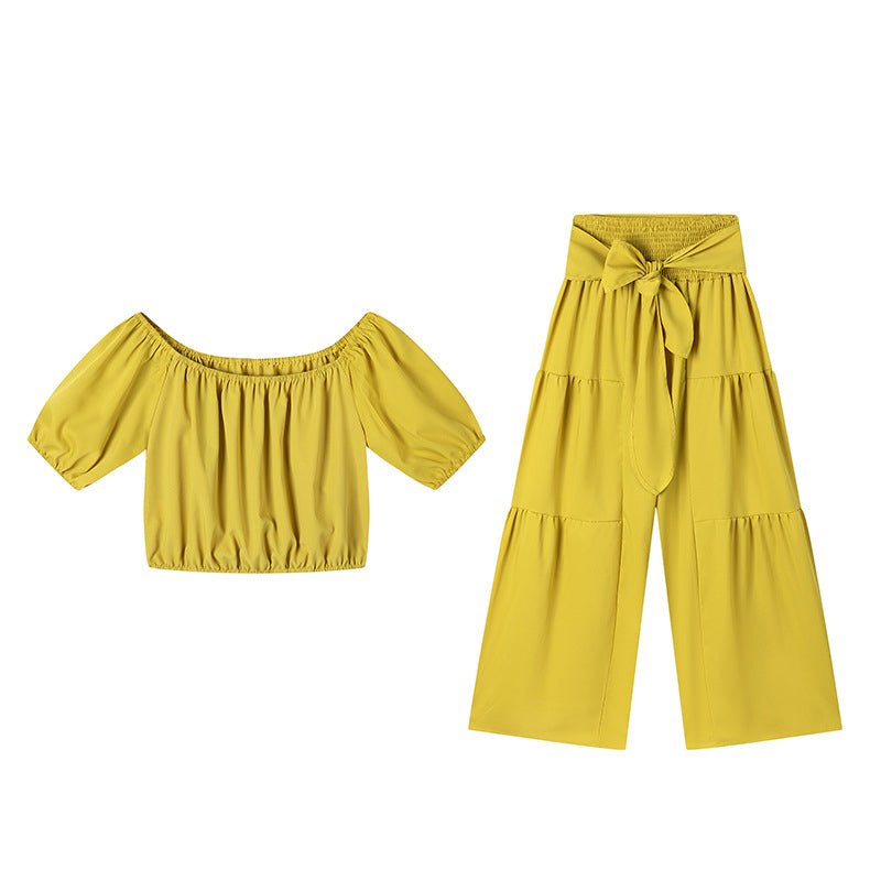 New ArrivalOff-Shoulder Puff Sleeve Top with Wide-Leg Pants 2-Pieces Set