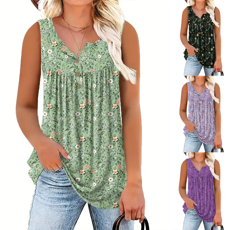 Women's Printed Button Sleeveless Top