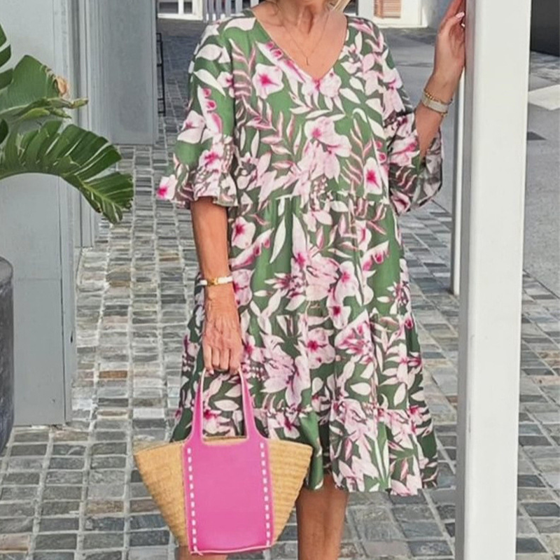 Vestido midi estampado con cuello en V
