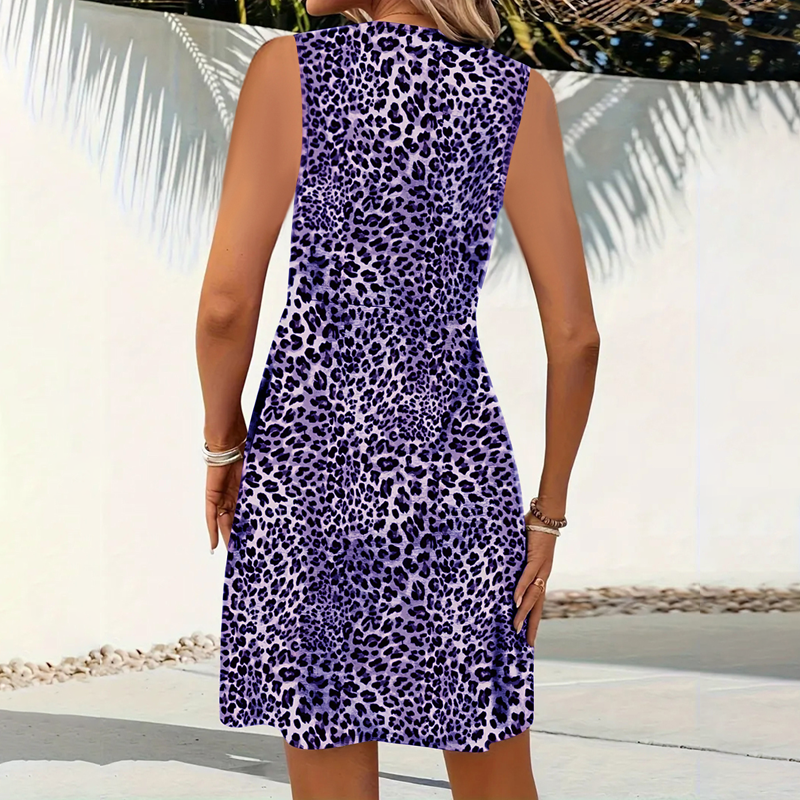 Minivestido de mujer con escote en V y estampado de leopardo