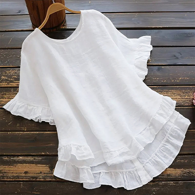 Blusa de cuello redondo con volantes para mujer
