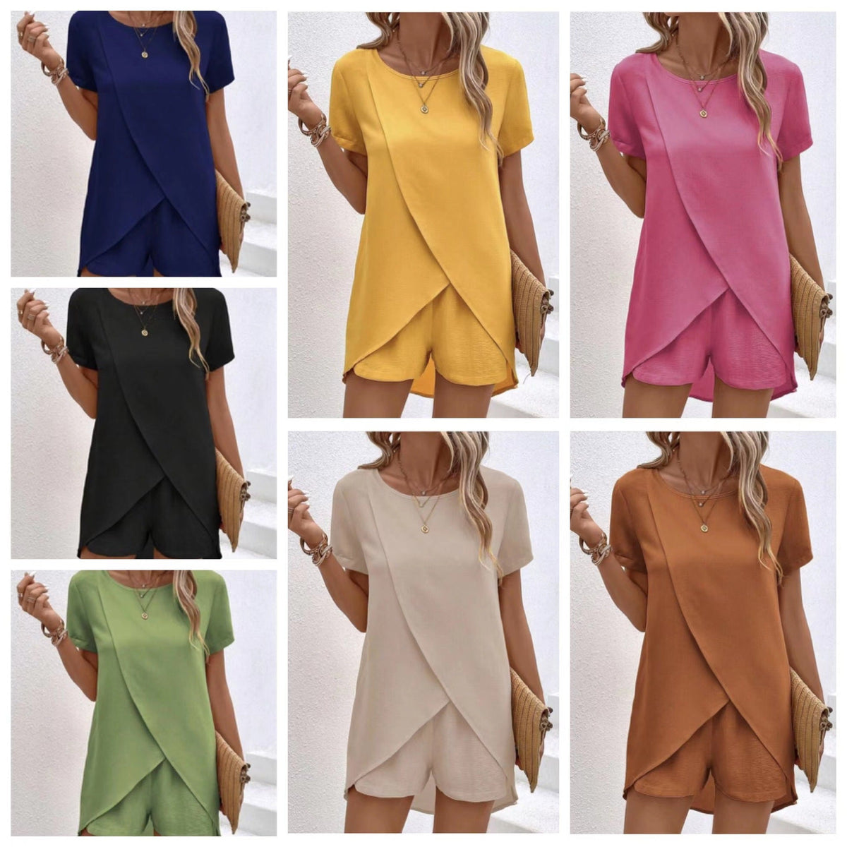 Tweedelige set voor dames met effen top met asymmetrische snit en shorts