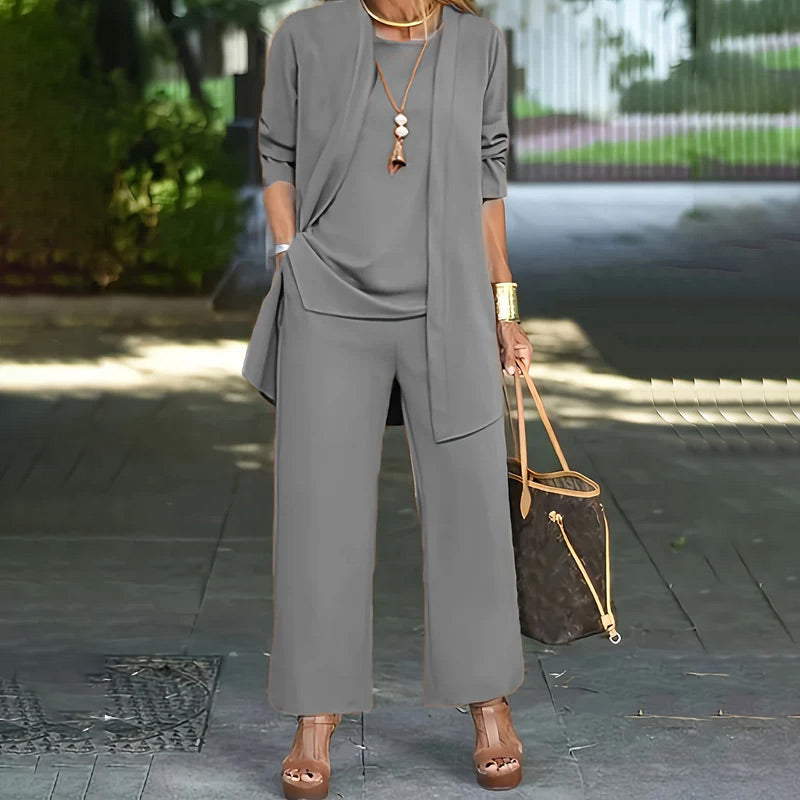 Elegante completo da donna in 3 pezzi dalla vestibilità comoda - pantaloni minimalisti a gamba larga, cardigan e top in pregiato tessuto elasticizzato