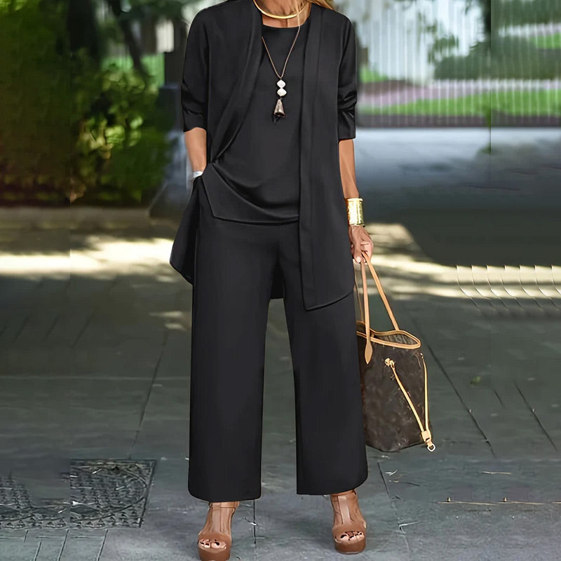 Elegante completo da donna in 3 pezzi dalla vestibilità comoda - pantaloni minimalisti a gamba larga, cardigan e top in pregiato tessuto elasticizzato