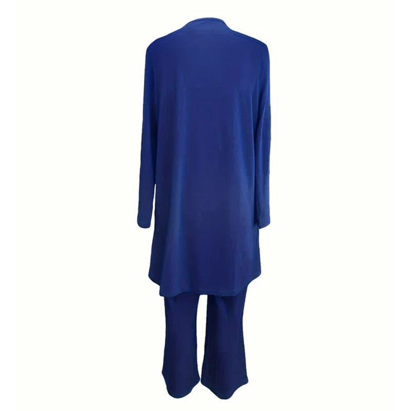 Elegante completo da donna in 3 pezzi dalla vestibilità comoda - pantaloni minimalisti a gamba larga, cardigan e top in pregiato tessuto elasticizzato