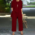 Elegante completo da donna in 3 pezzi dalla vestibilità comoda - pantaloni minimalisti a gamba larga, cardigan e top in pregiato tessuto elasticizzato