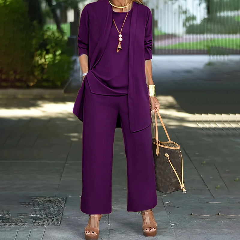 Elegant Women¡¯s Relaxed Fit 3-Piece Set ¨C Minimalist Wide-Leg Pants, Cardigan & Top in Luxe Stretch Fabric